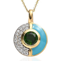 Chrome Diopside, Moissanite and Blue Enameled Pendant Necklace 20 Inches in Vermeil YG Over Sterling Silver 1.85 ctw