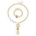 Simulated Pearl and Austrian Crystal Leaf and Nugget Necklace 20-22 Inches and Bracelet (7.50-9.50In) in Goldtone - Sticky add to cart bar