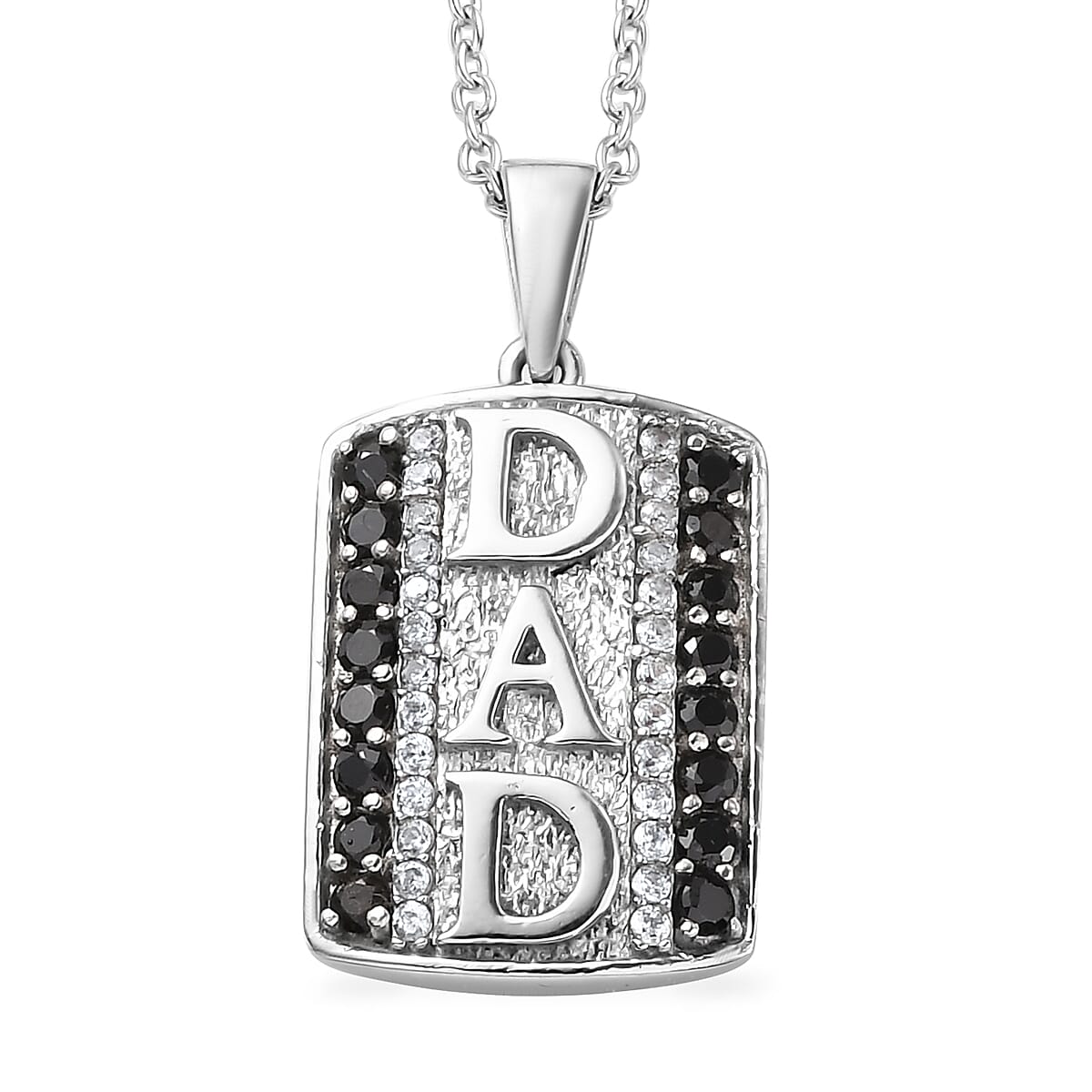 Thai Black Spinel, White Zircon DAD Men's Pendant Necklace (20 Inches) in Stainless Steel 1.00 ctw , Tarnish-Free, Waterproof, Sweat Proof Jewelry