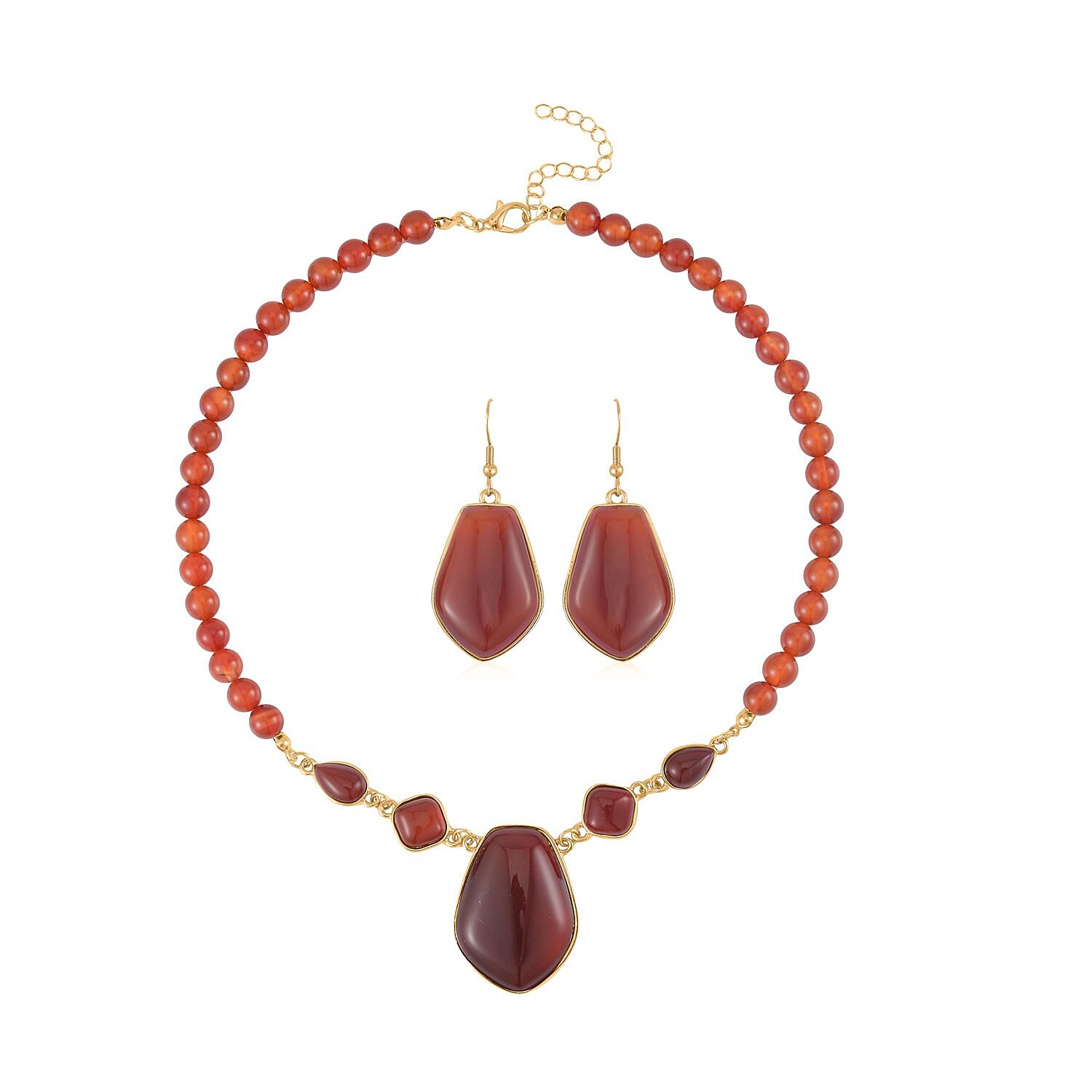 TLV Red Agate Drop Earrings and Beaded Necklace (18-20 Inches) in Goldtone 298.00 ctw