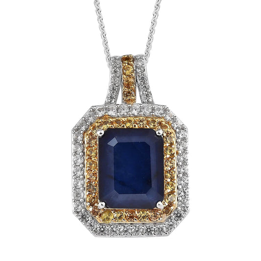 Madagascar Blue Sapphire (DF) and Multi Gemstone Cocktail Pendant Necklace 20 Inches in Vermeil YG & Platinum Over Sterling Silver 6.15 ctw