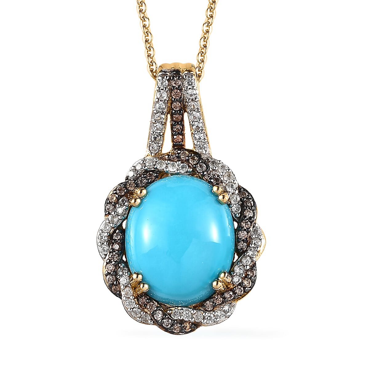 Premium Sleeping Beauty Turquoise, White and Champagne Zircon Pendant Necklace 20 Inches in Vermeil Yellow Gold Over Sterling Silver 4.60 ctw