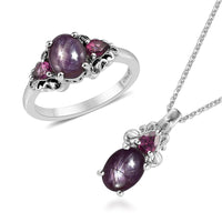 Premium Indian Star Ruby and Orissa Rhodolite Garnet Ring and Pendant Necklace 20 Inches in Platinum Over Sterling Silver 4.15 ctw