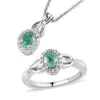 Ethiopian Emerald and Natural White Zircon Halo Ring Pendant Necklace 20 Inches in Platinum Over Sterling Silver 1.10 ctw