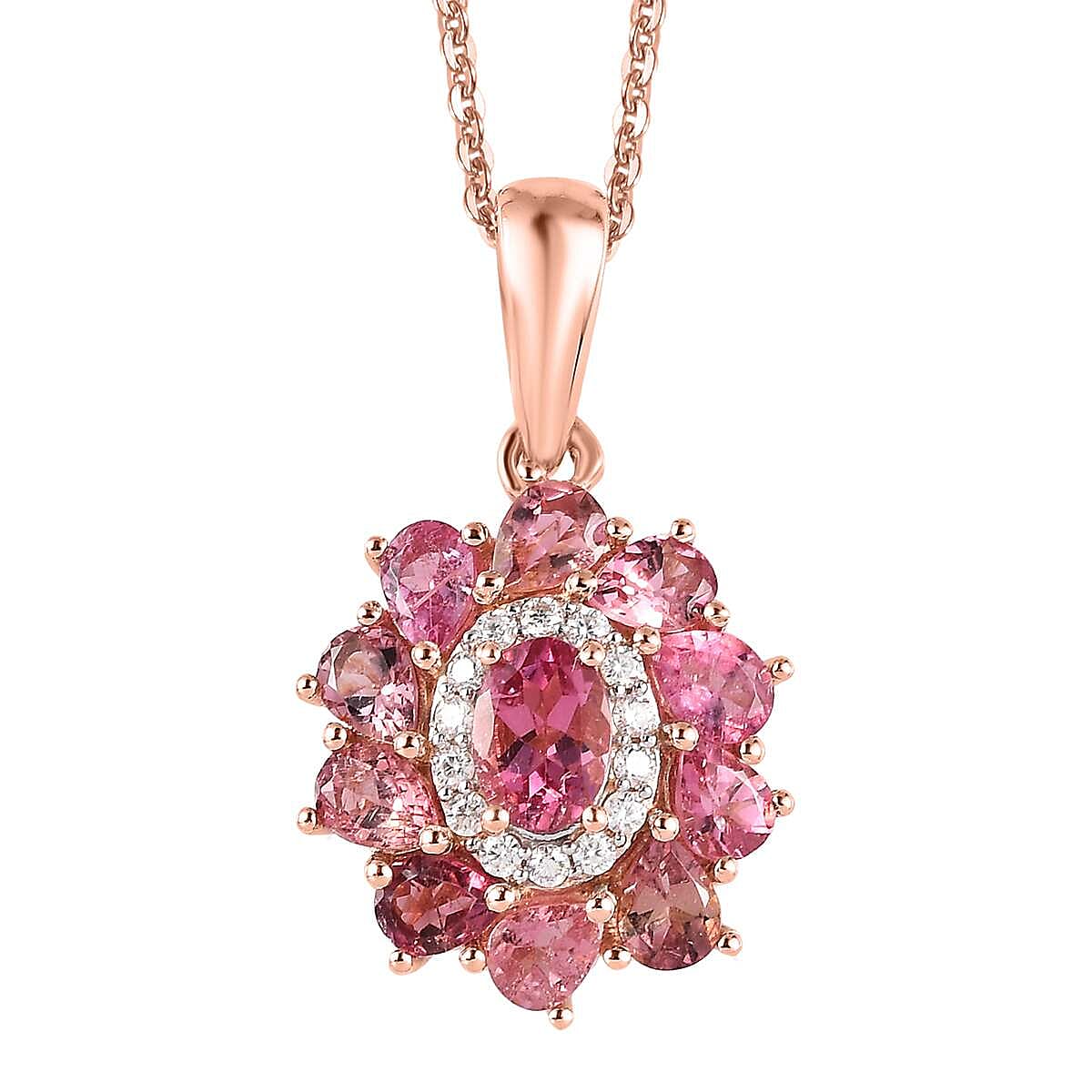 Premium Morro Redondo Pink Tourmaline and Moissanite Floral Pendant Necklace 20 Inches in Vermeil Rose Gold Over Sterling Silver 2.25 ctw