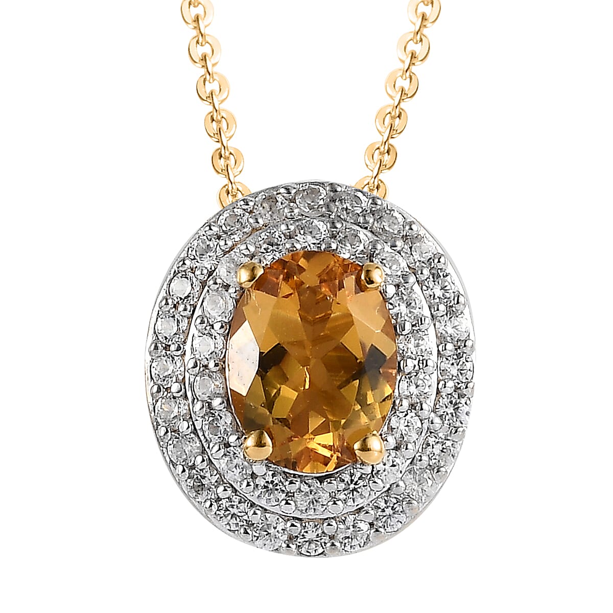 Premium Brazilian Heliodor and White Zircon Double Halo Pendant Necklace 20 Inches in Vermeil Yellow Gold Over Sterling Silver 1.50 ctw