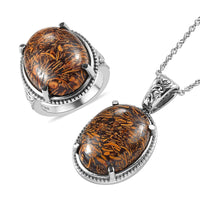 Silver Leaf Jasper Solitaire Ring and Pendant Necklace 20 Inches in Stainless Steel 29.25 ctw