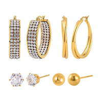 Set of 4 pairs Simulated Diamod, Austrian Crystal Hoops and Stud Earrings in Stainless Steel