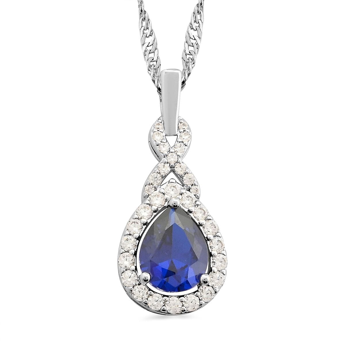 Simulated Blue Diamond and Simulated Diamond Pendant Necklace 18 Inches in Silvertone 2.00 ctw