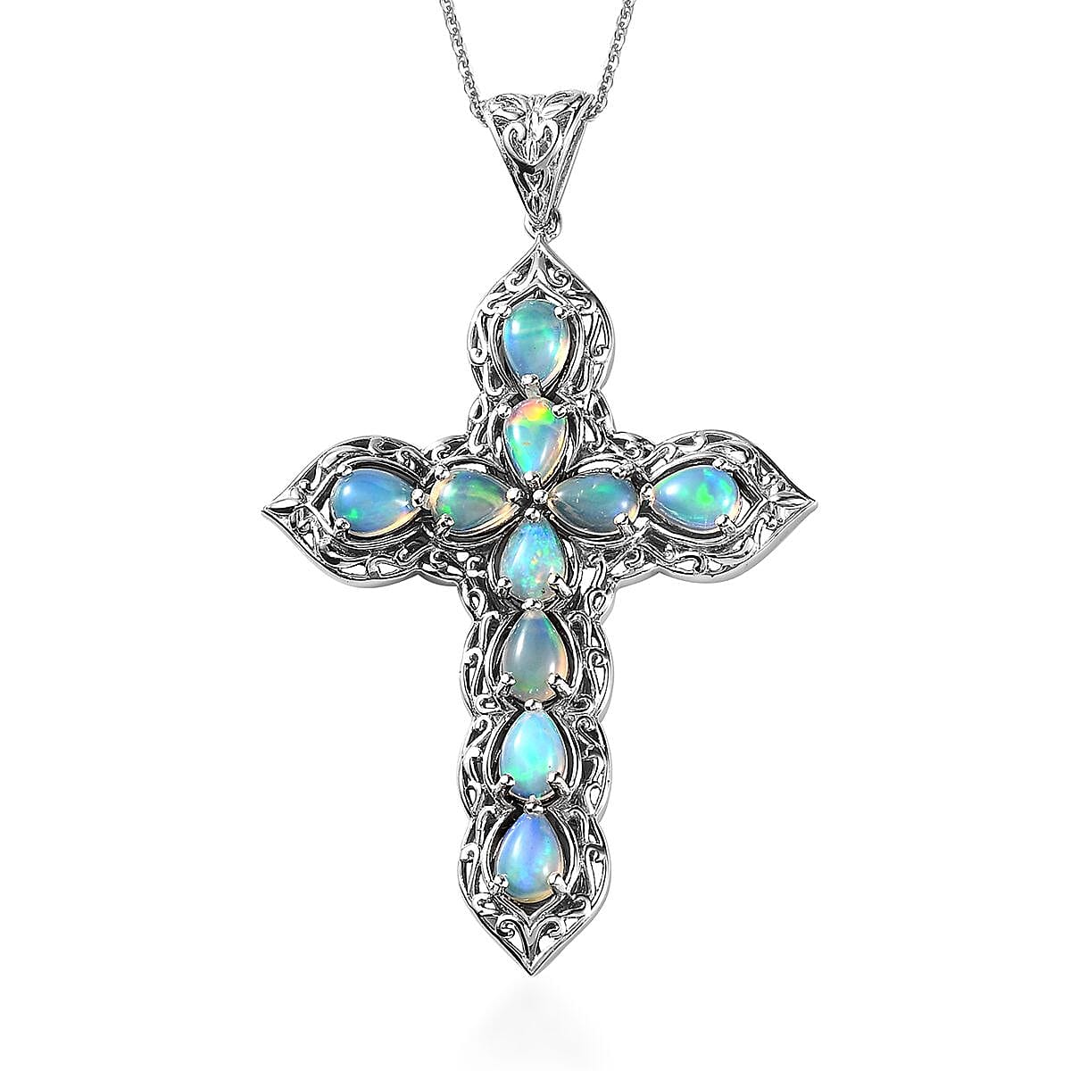 Ethiopian Welo Opal Cross Pendant Necklace 20 Inches in Platinum Over Sterling Silver 4.75 ctw