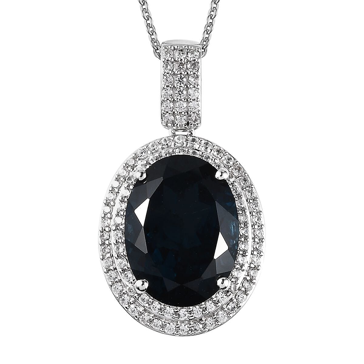 Premium London Blue Topaz, White Zircon Double Halo Pendant Necklace (20 Inches) in Platinum Over Sterling Silver 13.00 ctw