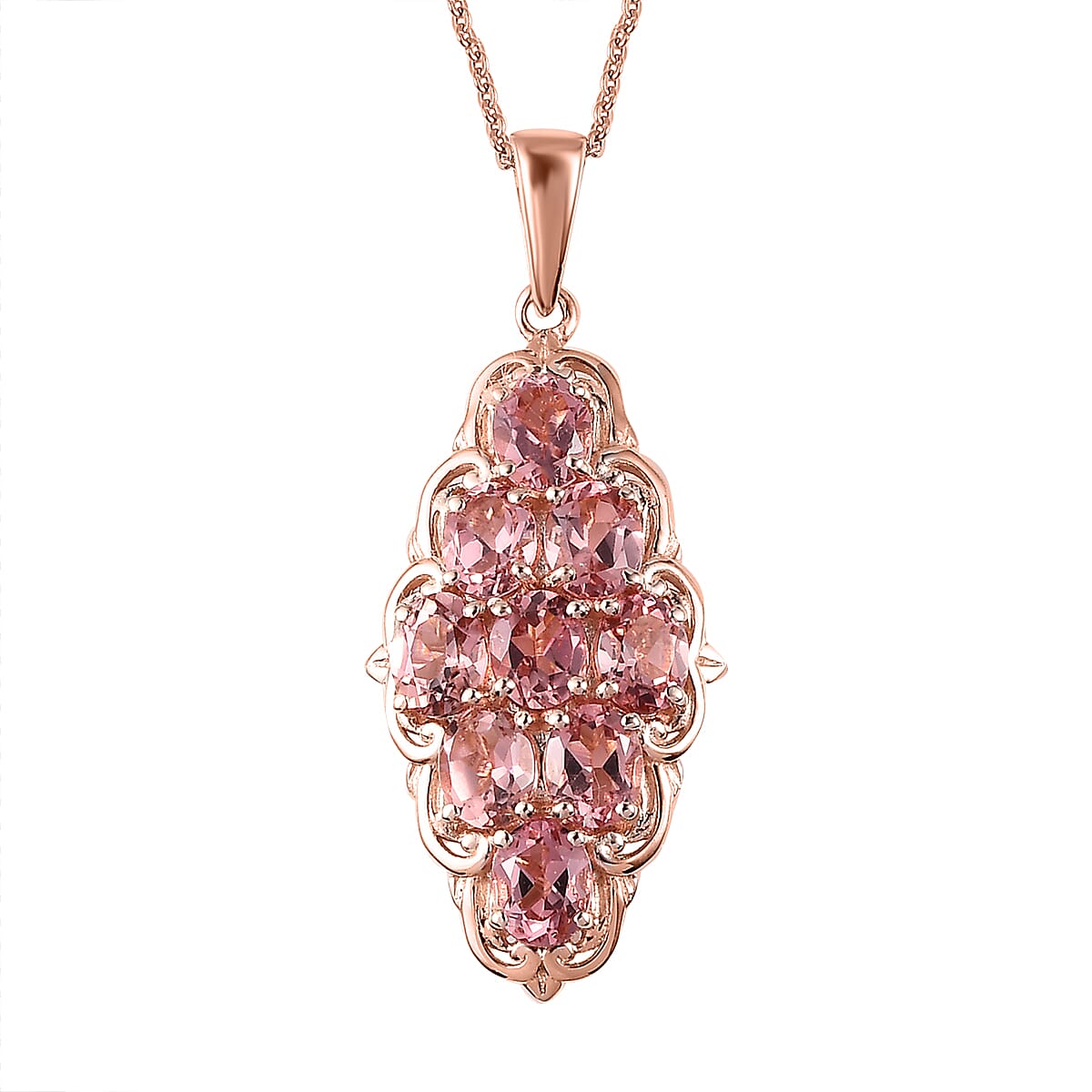 Premium Blush Tourmaline Elongated Pendant Necklace 20 Inches in Vermeil Rose Gold Over Sterling Silver 2.75 ctw