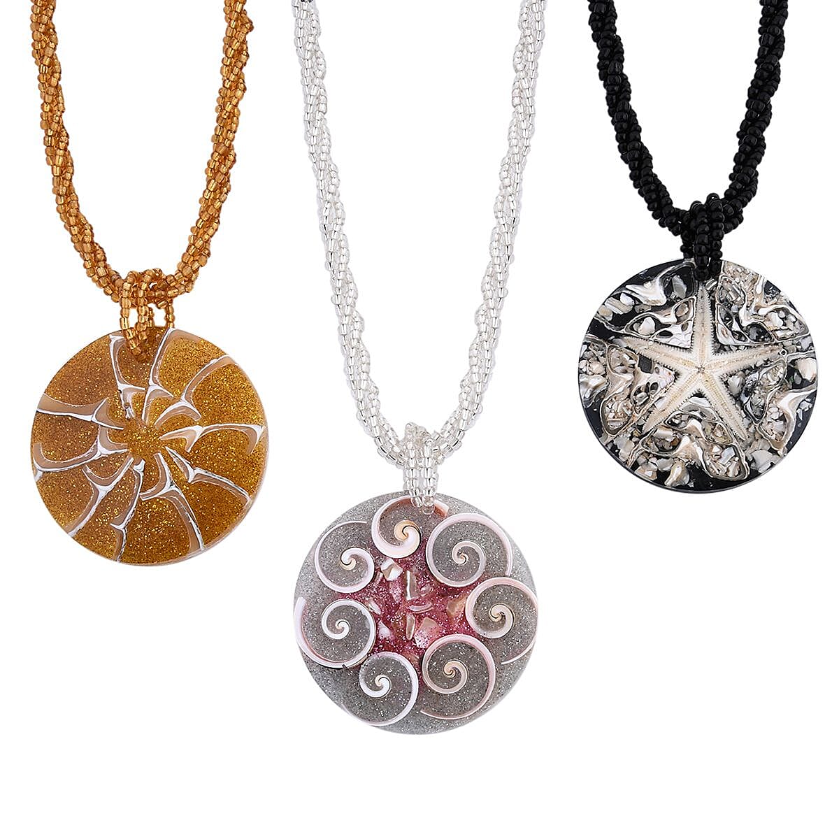 Resin Pendant Set of 3 Spider Net, Hurricane, and Star Motif With Matching Seed Beads Necklace (20 Inches)