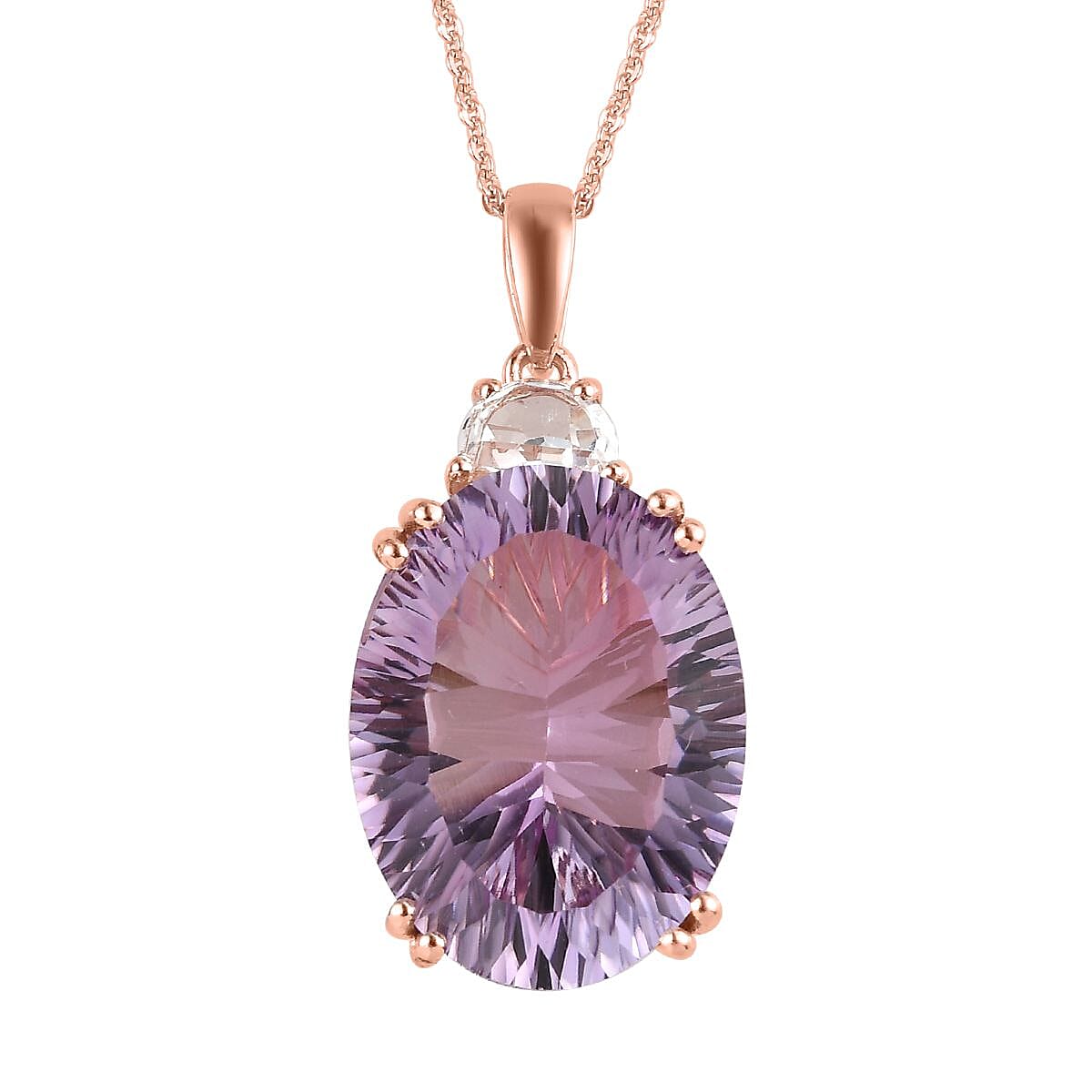 Doorbuster Concave Cut Rose De France Amethyst and White Topaz Pendant Necklace 20 Inches in Vermeil Rose Gold Over Sterling Silver 19.00 ctw