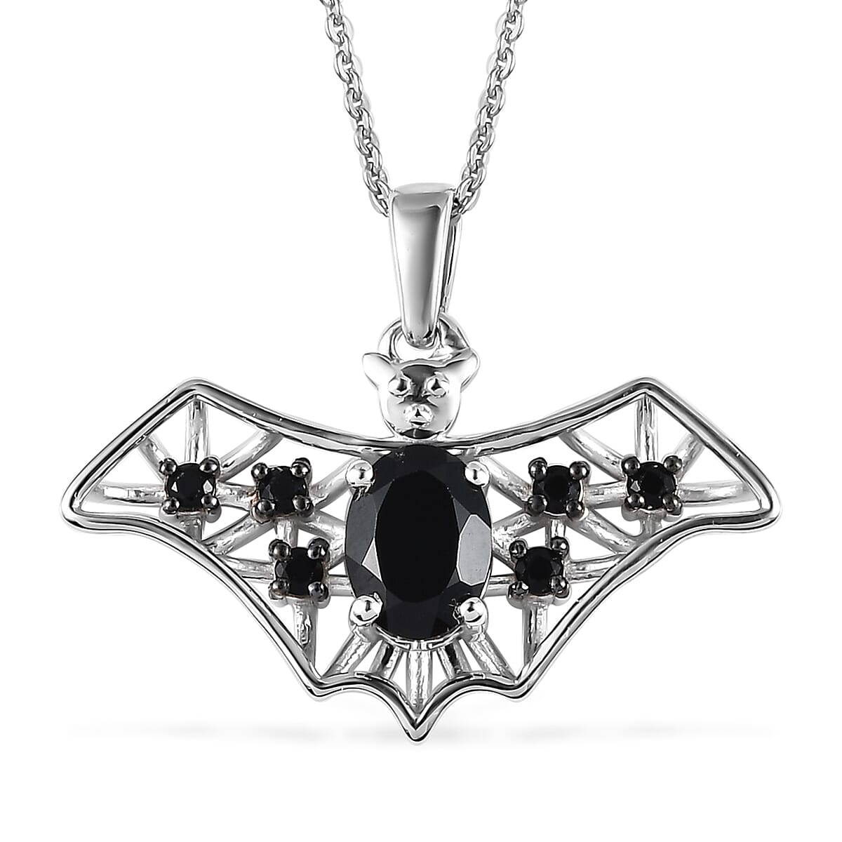 Thai Black Spinel Halloween Bat Pendant Necklace 20 Inches in Platinum Over Sterling Silver 1.85 ctw