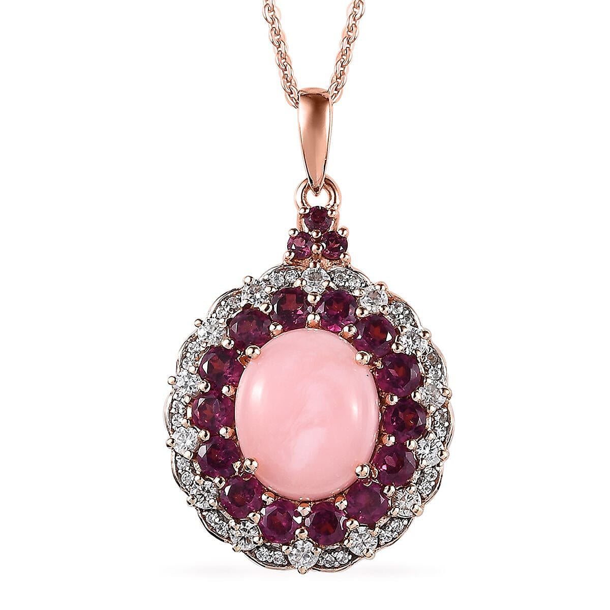 Peruvian Pink Opal and Multi Gemstone Cocktail Pendant Necklace 20 Inches in Vermeil Rose Gold Over Sterling Silver 7.35 ctw