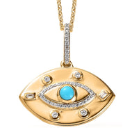 Sleeping Beauty Turquoise and White Zircon Evil Eye Protector Celestial Medallion Pendant Necklace 20 Inches in Vermeil Yellow Gold Over Sterling Silver 0.70 ctw