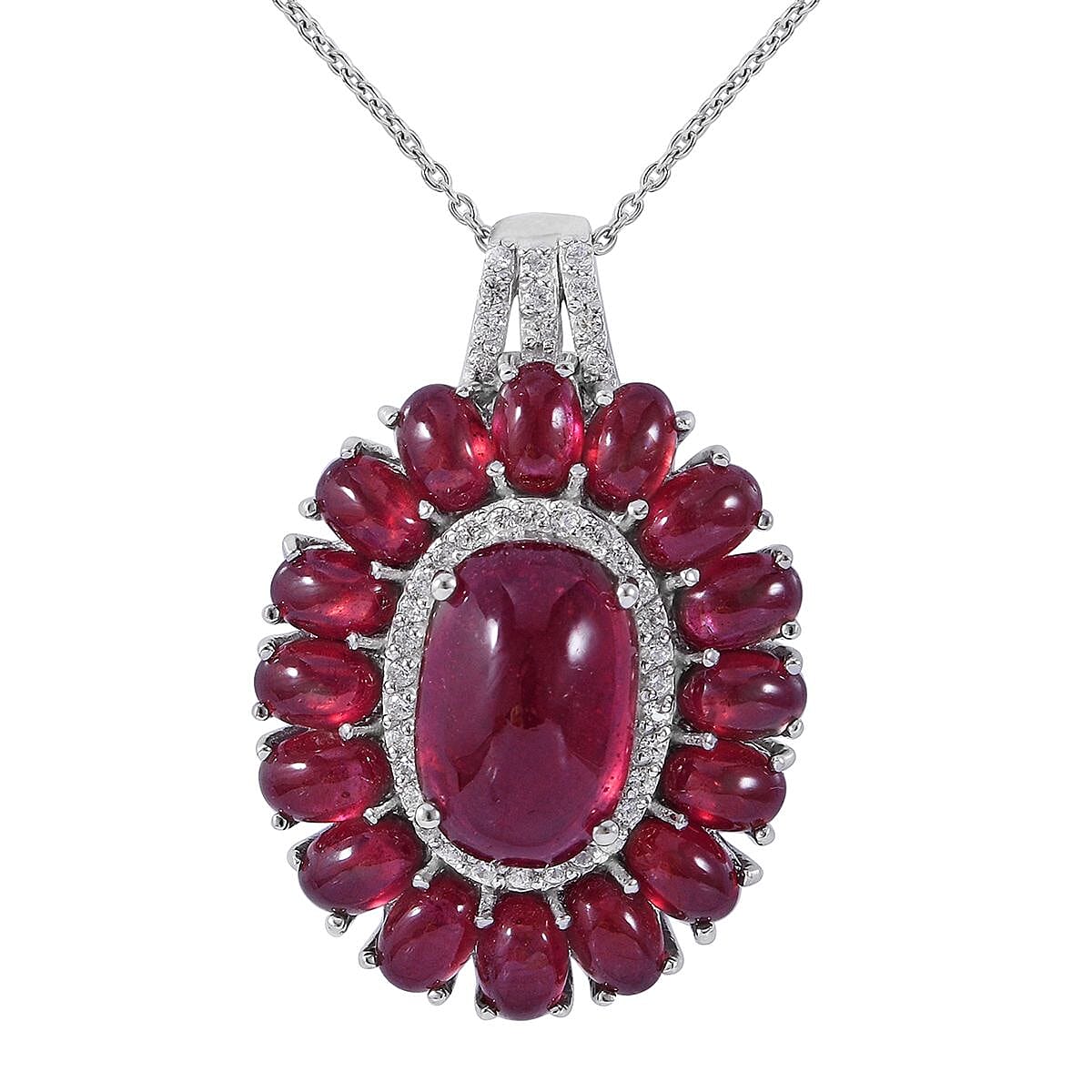 African Ruby (FF), White Zircon Halo Pendant Necklace (20 Inches) in Platinum Over Sterling Silver 23.75 ctw