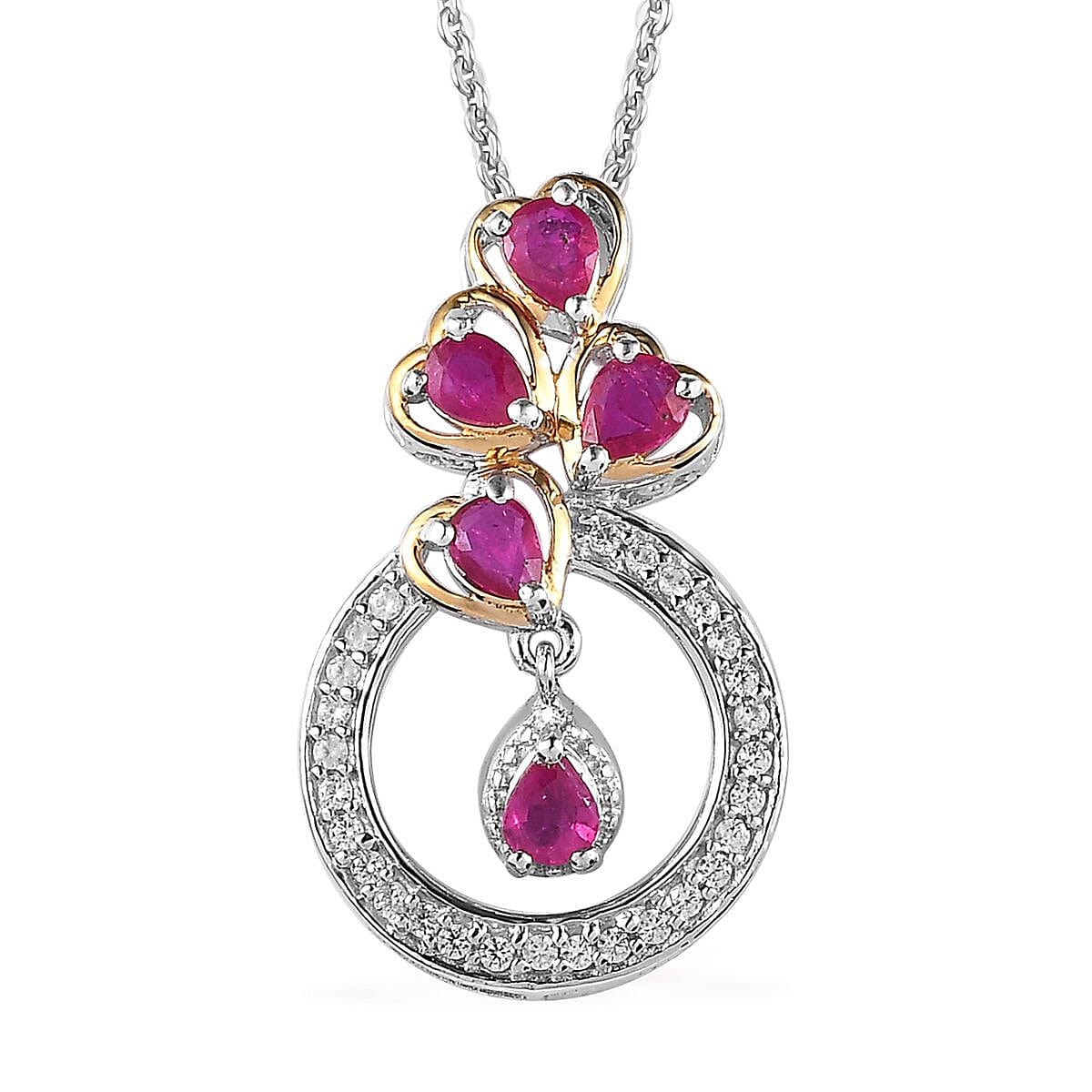 Premium Montepuez Ruby and White Zircon Pendant Necklace 20 Inches in Vermeil YG and Platinum Over Sterling Silver 1.10 ctw