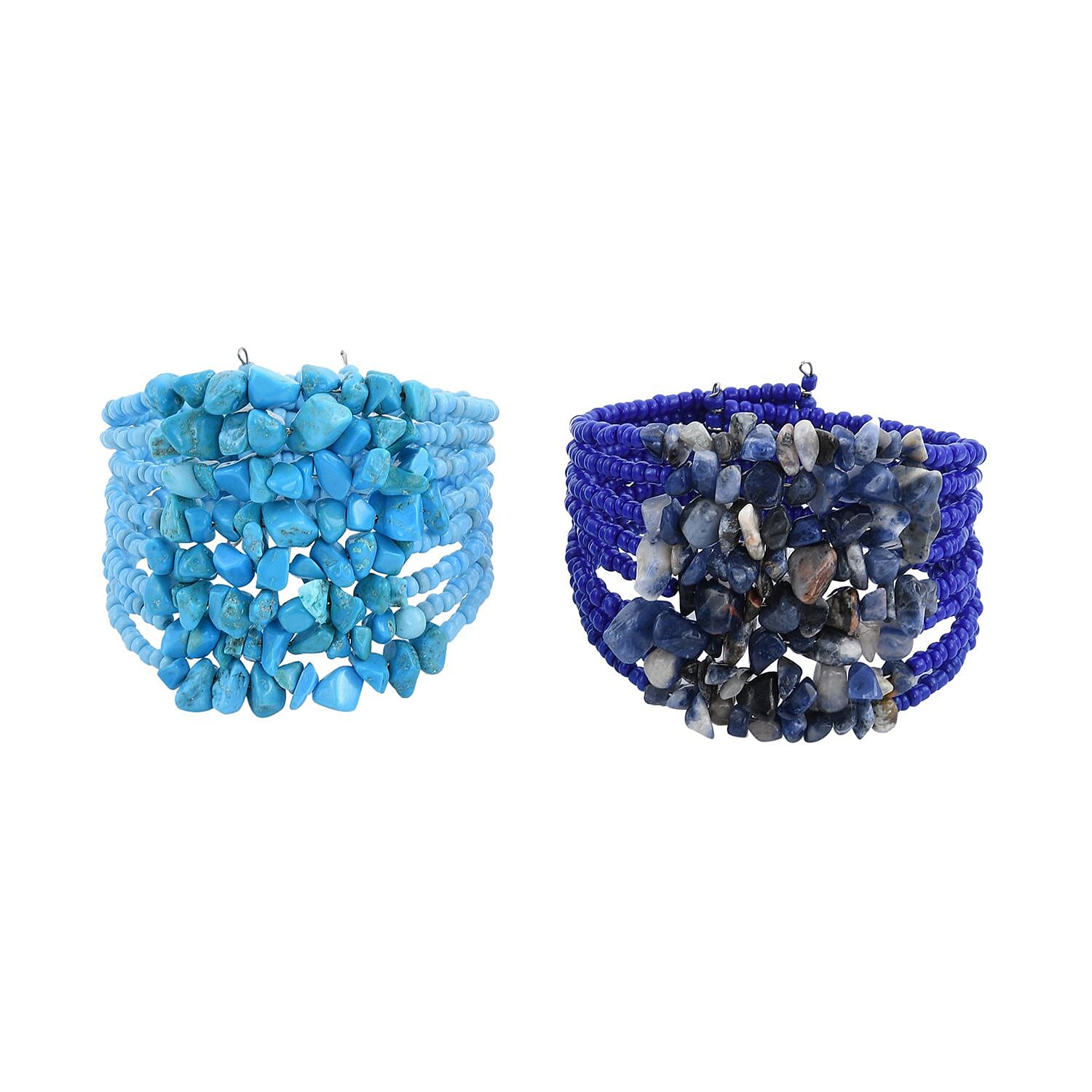 Set of 2 Turquoise and Blue Beaded Cuff Bracelet (Adjustable) 8.00 ctw