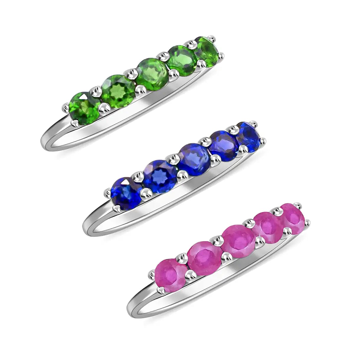 Doorbuster Madagascar Blue Sapphire (DF), Natural Chrome Diopside, Niassa Ruby Set of 3 Ring in Platinum Over Sterling Silver 3.75 ctw