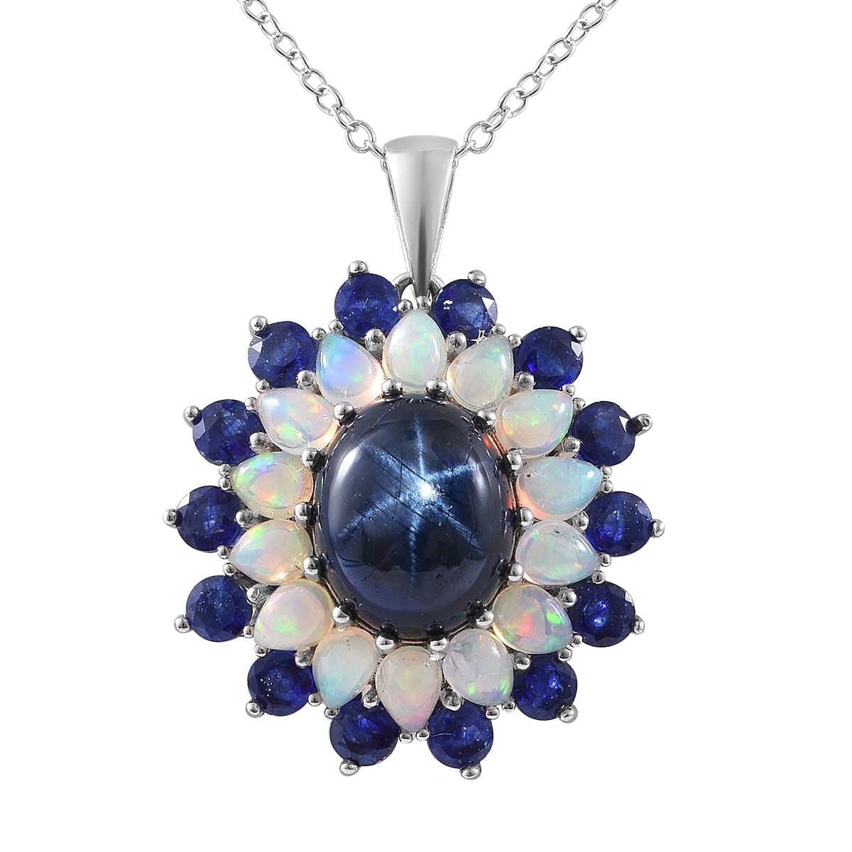 Blue Star Sapphire (DF), Multi Gemstone Floral Pendant Necklace (18 Inches) in Platinum Over Sterling Silver