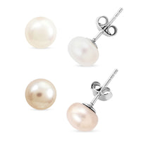 Freshwater Pearl Set of 2 Solitaire Stud Earrings in Silvertone