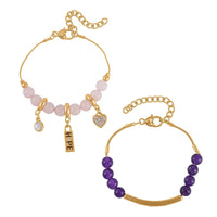 Doorbuster Amethyst, Galilea Rose Quartz and Austrian Crystal Set of 2 Bracelet (7.5-9.5In) in Goldtone 100.00 ctw