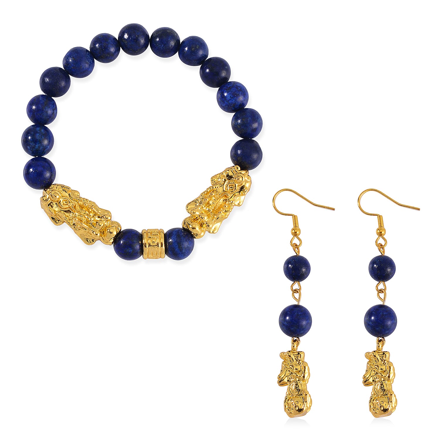 TLV Lapis Lazuli Pixiu Earrings and Feng Shui Stretch Bracelet in Goldtone 146.00 ctw