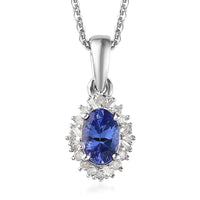 AAA Tanzanite and Diamond Halo Pendant Necklace 20 Inches in Platinum Over Sterling Silver 0.60 ctw