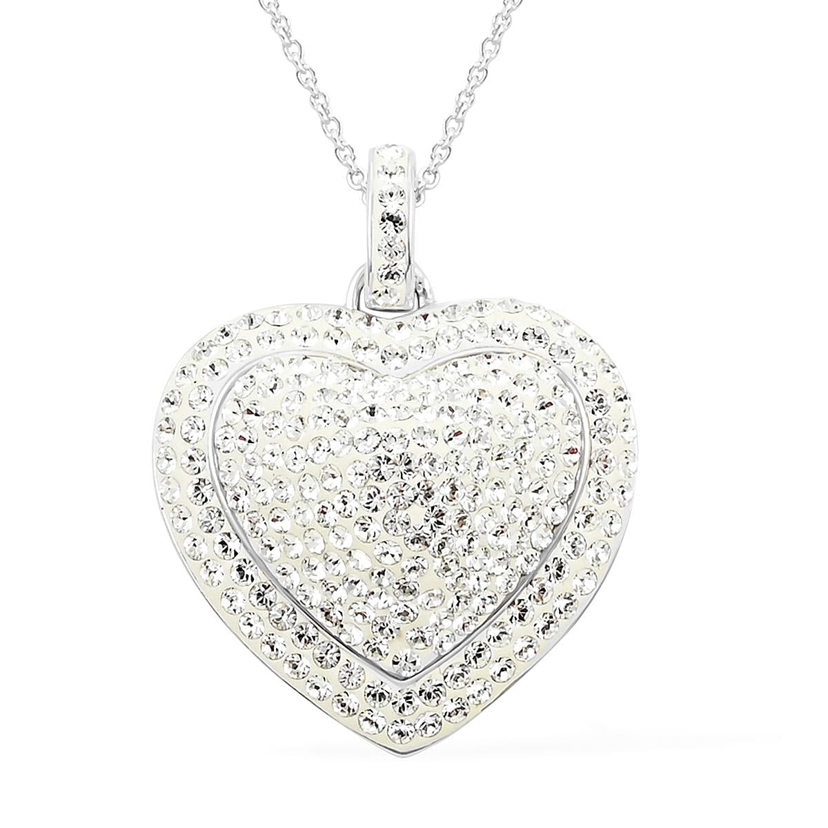 White Austrian Crystal Heart Pendant Necklace 18 Inches in Silvertone