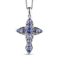 Tanzanite and White Zircon Cross Pendant Necklace 20 Inches in Platinum Over Sterling Silver 2.00 ctw