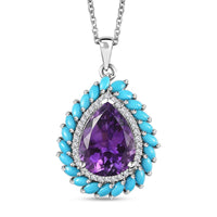 Moroccan Amethyst and Multi Gemstone Floral Pendant Necklace 20 Inches in Platinum Over Sterling Silver 9.70 ctw