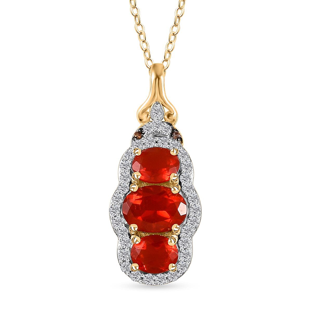 Crimson Fire Opal, Brown and White Zircon Triple Halo Pendant Necklace (20 Inches) in Vermeil YG Over Sterling Silver