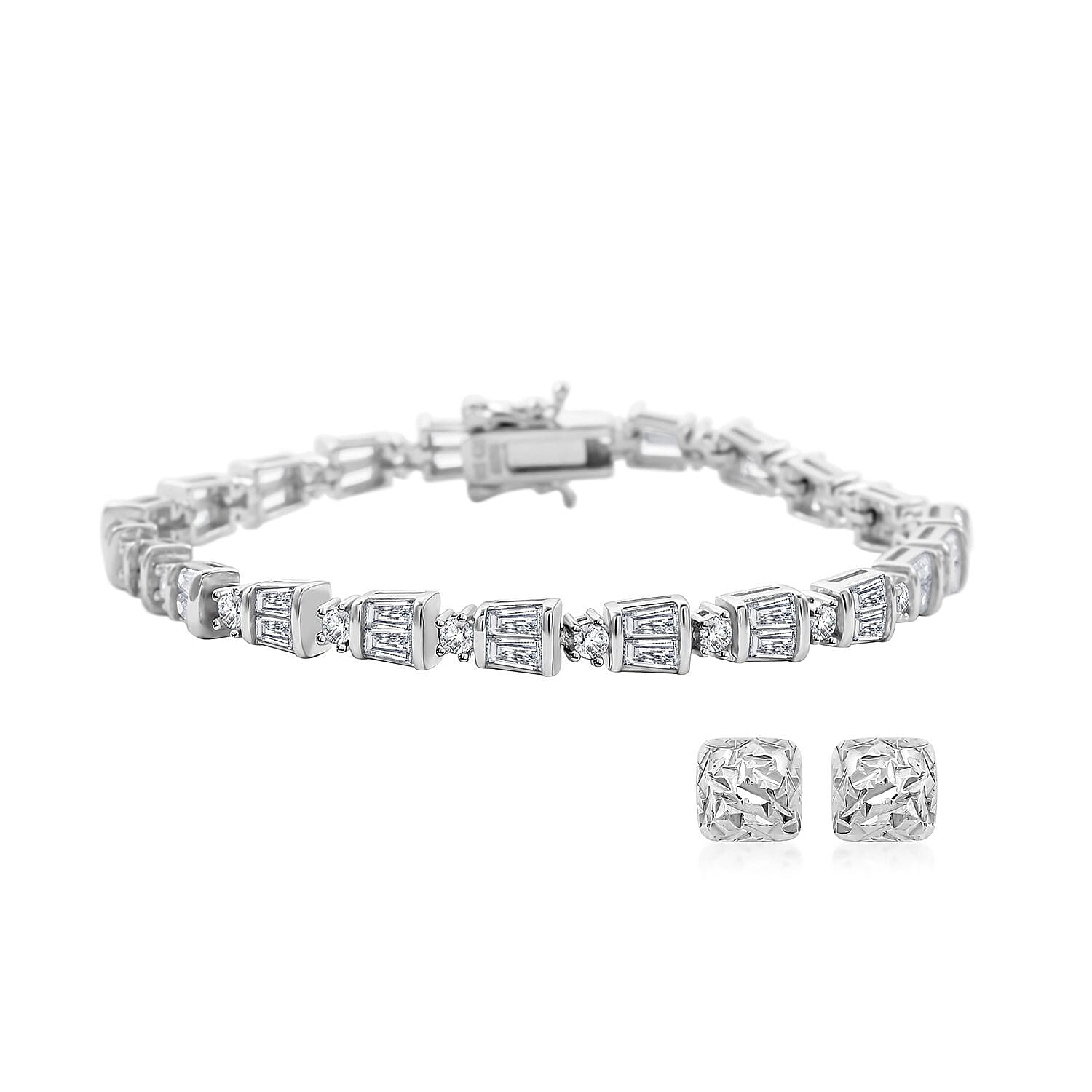 Simulated Diamond 14.20 ctw Earrings and Bracelet in Rhodium Over Sterling Silver