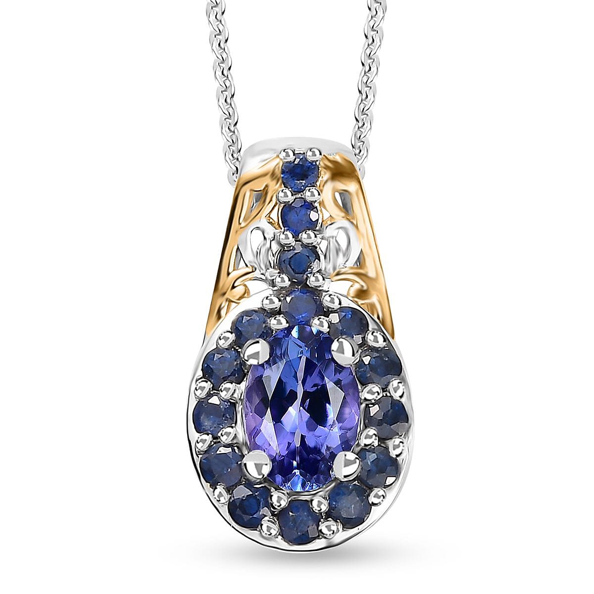 Tanzanite and Kanchanaburi Blue Sapphire Halo Pendant Necklace 20 Inches in Vermeil Yellow Gold and Platinum Over Sterling Silver 1.60 ctw