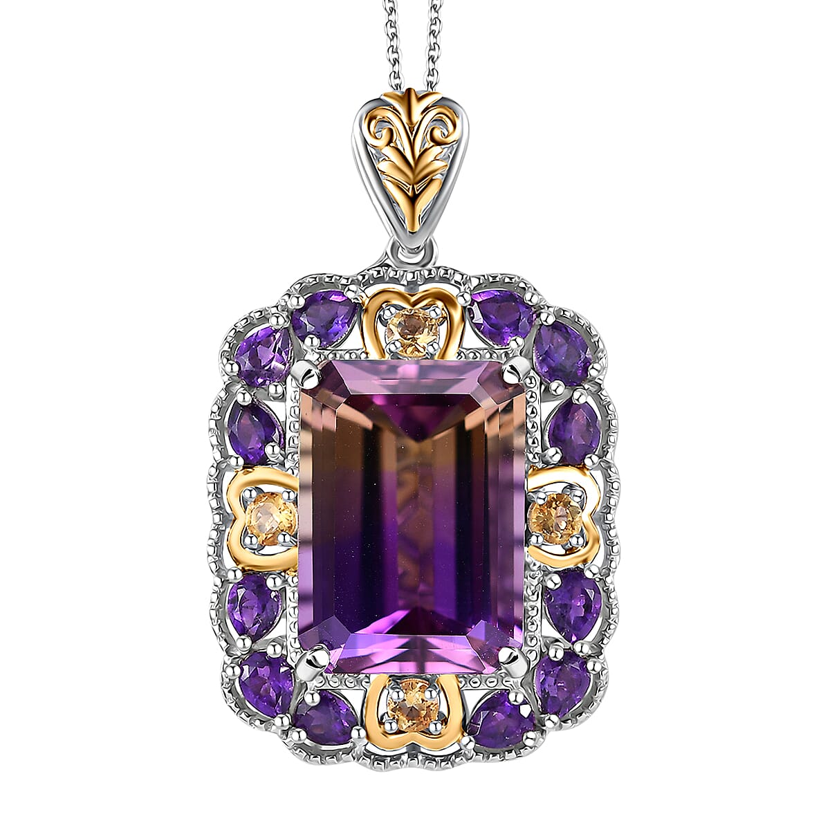 AAA Anahi Ametrine and Multi Gemstone Halo Pendant Necklace 20 Inches in Vermeil YG and Platinum Over Sterling Silver 18.40 ctw
