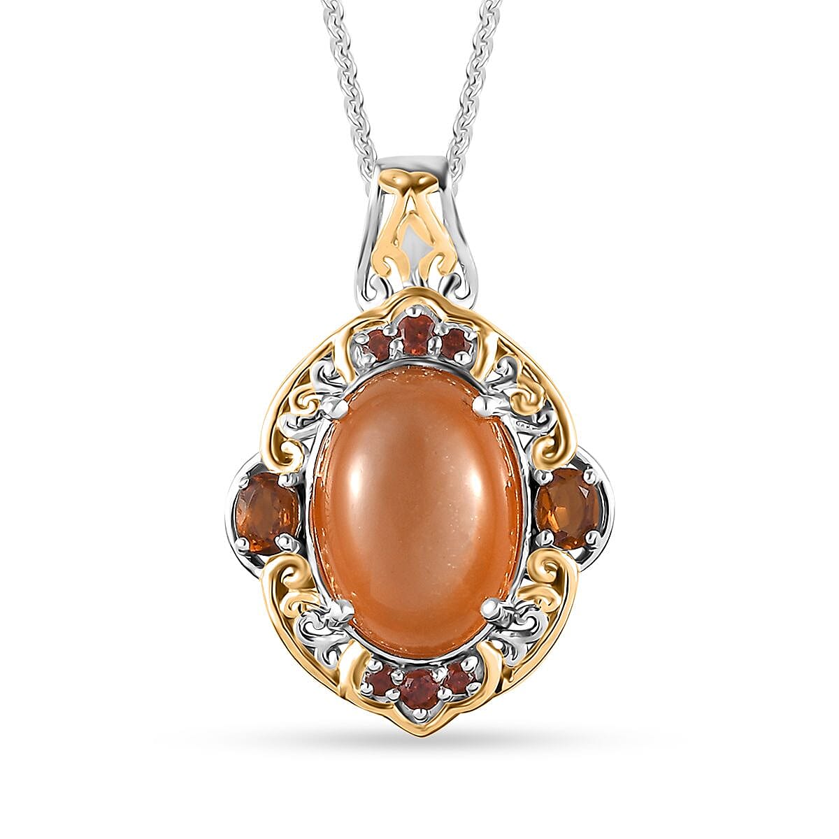 Peach Moonstone and Multi Gemstone Pendant Necklace 20 Inches in Vermeil YG and Platinum Over Sterling Silver 6.80 ctw