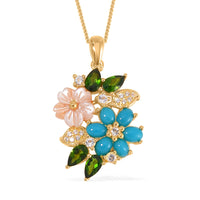 Sleeping Beauty Turquoise and Multi Gemstone Floral Pendant Necklace 18 Inches in Vermeil Yellow Gold Over Sterling Silver 1.90 ctw