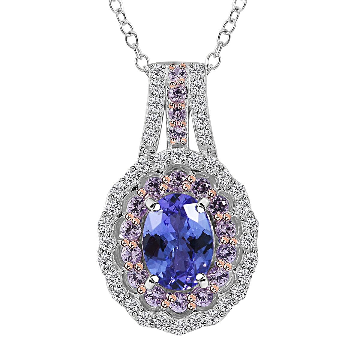 TLV Tanzanite, Multi Gemstone Pendant Necklace (18 Inches) in Platinum Over Sterling Silver 2.15 ctw