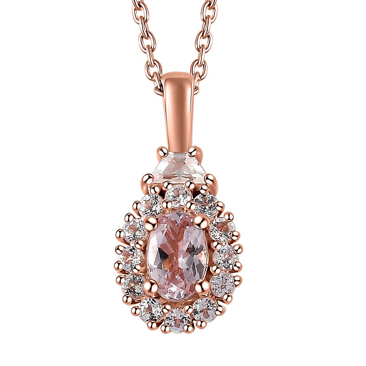 Premium Pink Morganite and White Topaz Halo Pendant Necklace 20 Inches in Vermeil Rose Gold Over Sterling Silver 0.90 ctw