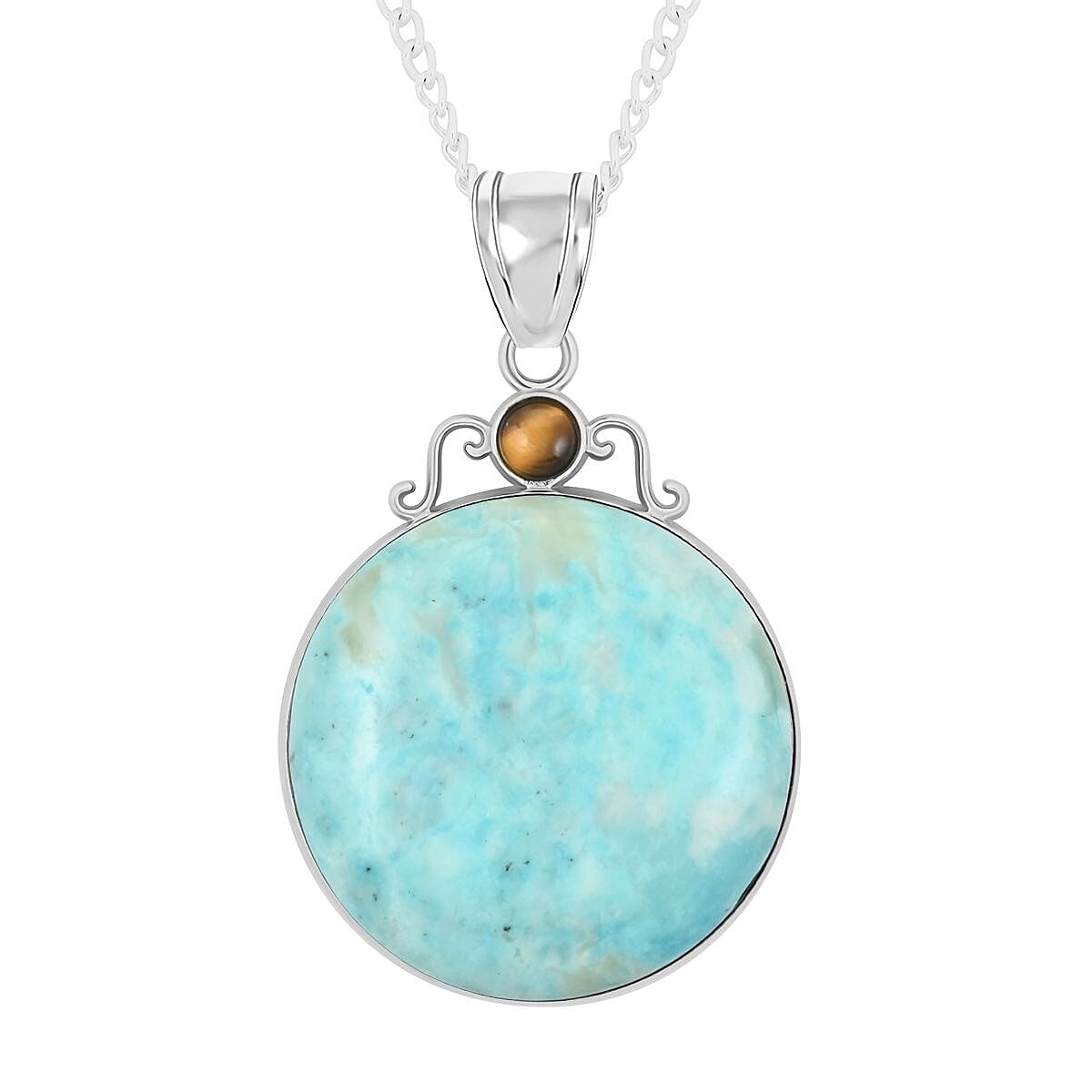 Turquoise Jasper Circular Pendant Necklace 18 Inches in Silvertone 35.00 ctw