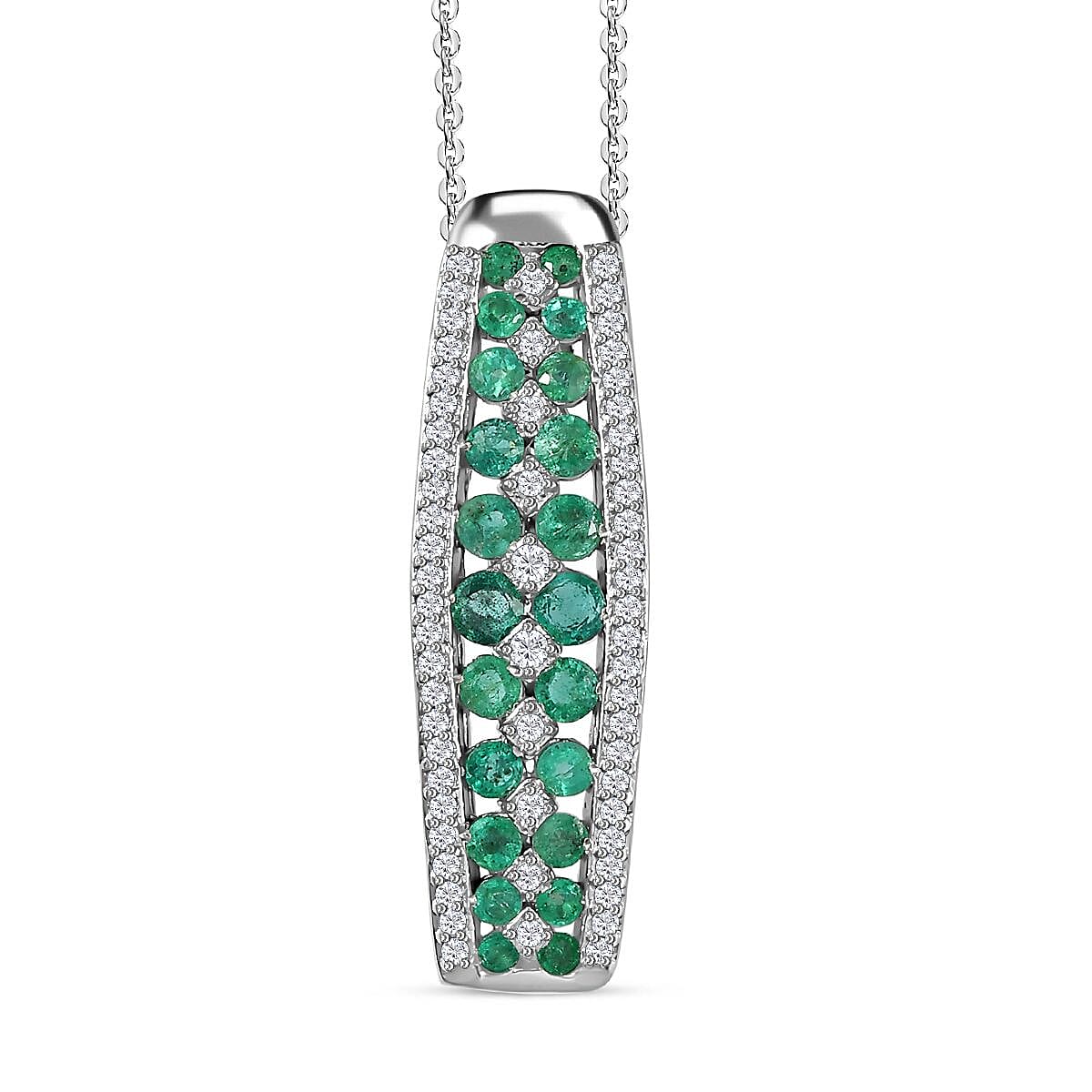 Premium Emerald, Moissanite Pendant Necklace (20 Inches) in Platinum Over Sterling Silver 1.40 ctw