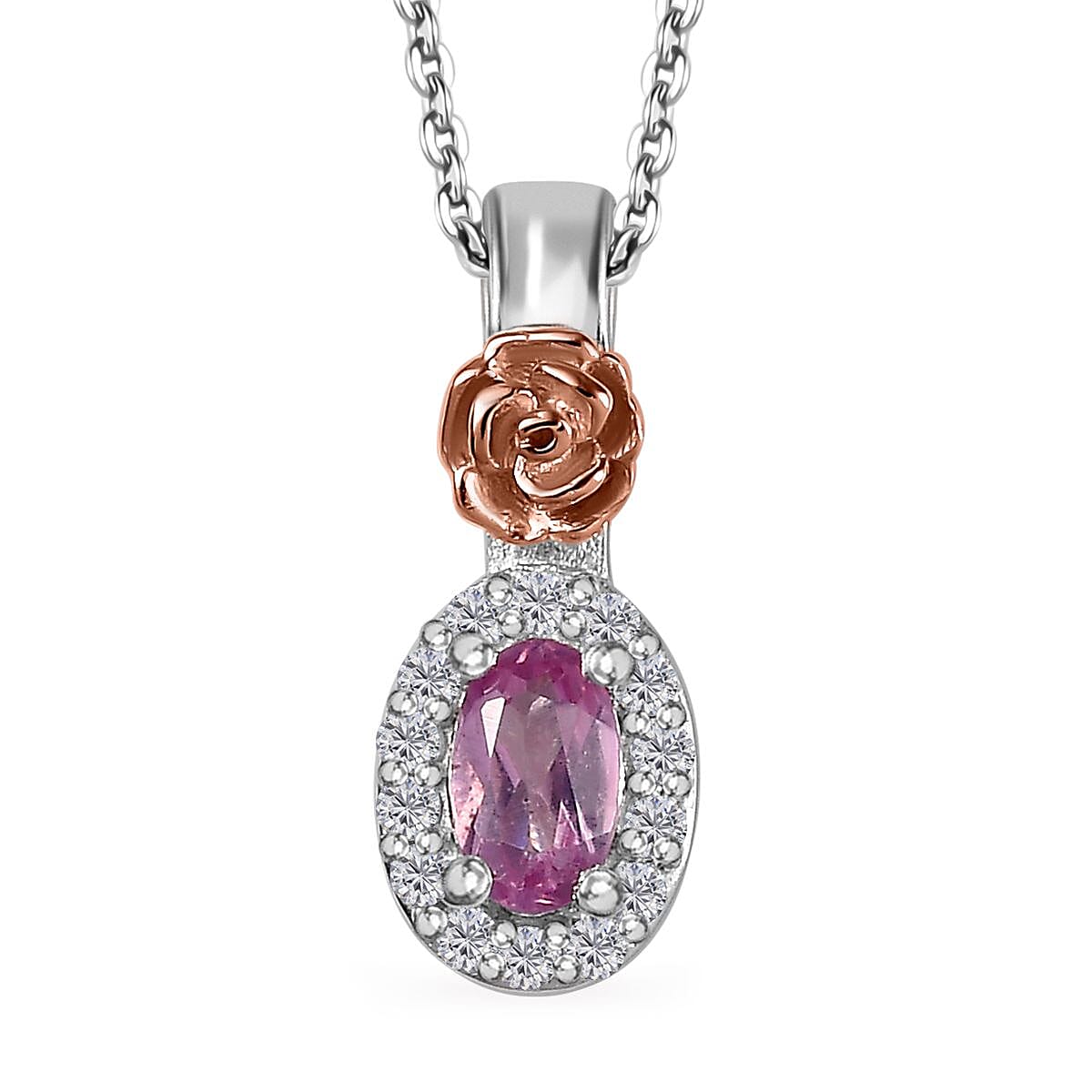 Narsipatnam Pink Spinel and White Zircon Rose Flower Pendant Necklace 20 Inches in 18K Vermeil RG and Rhodium Over Sterling Silver 0.40 ctw