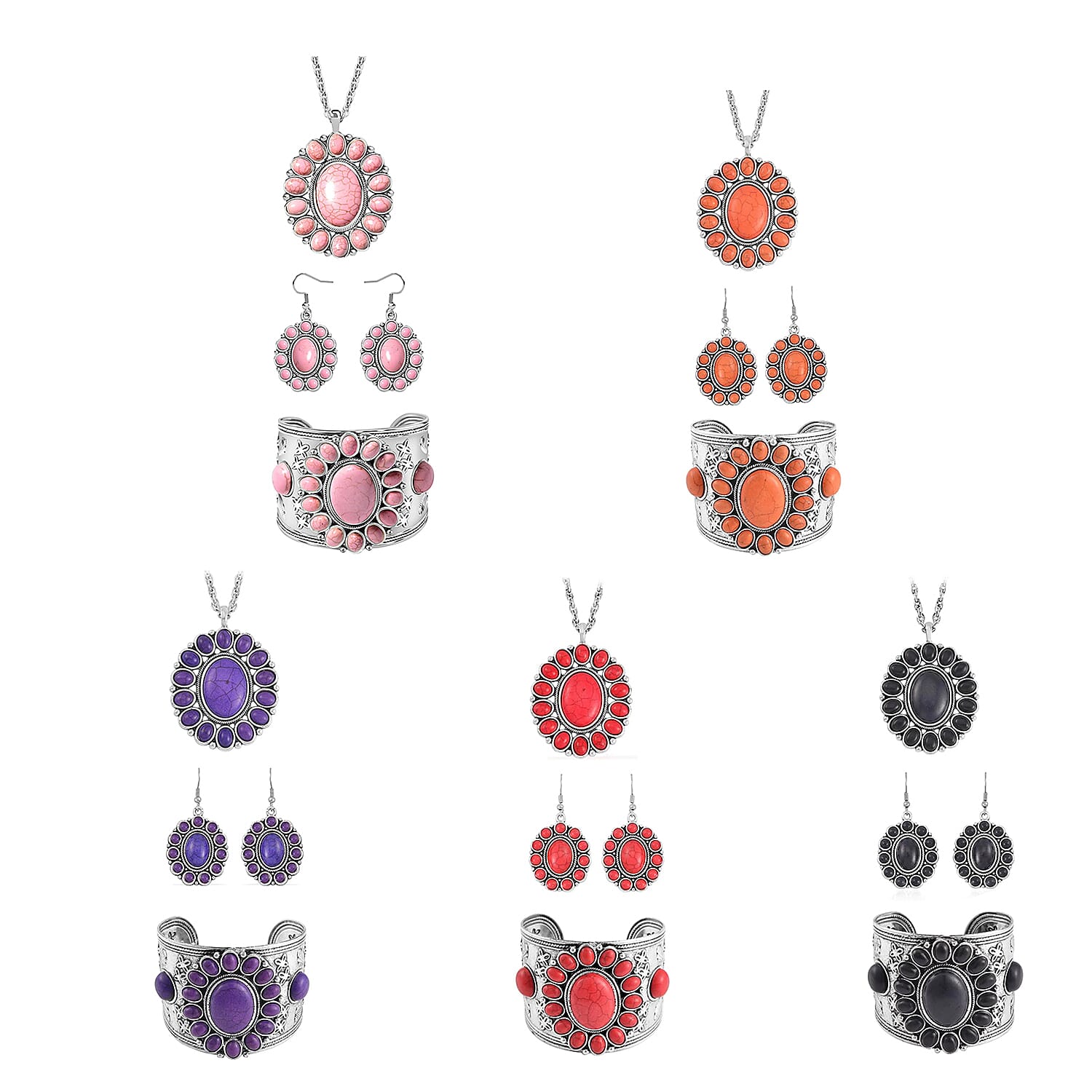 Set of 5, Constituted Multi Howlite Dangle Earrings, Cuff Bracelet (7.5-8.5In) and Pendant Necklace 26-30 Inches in Silvertone 1018.00 ctw