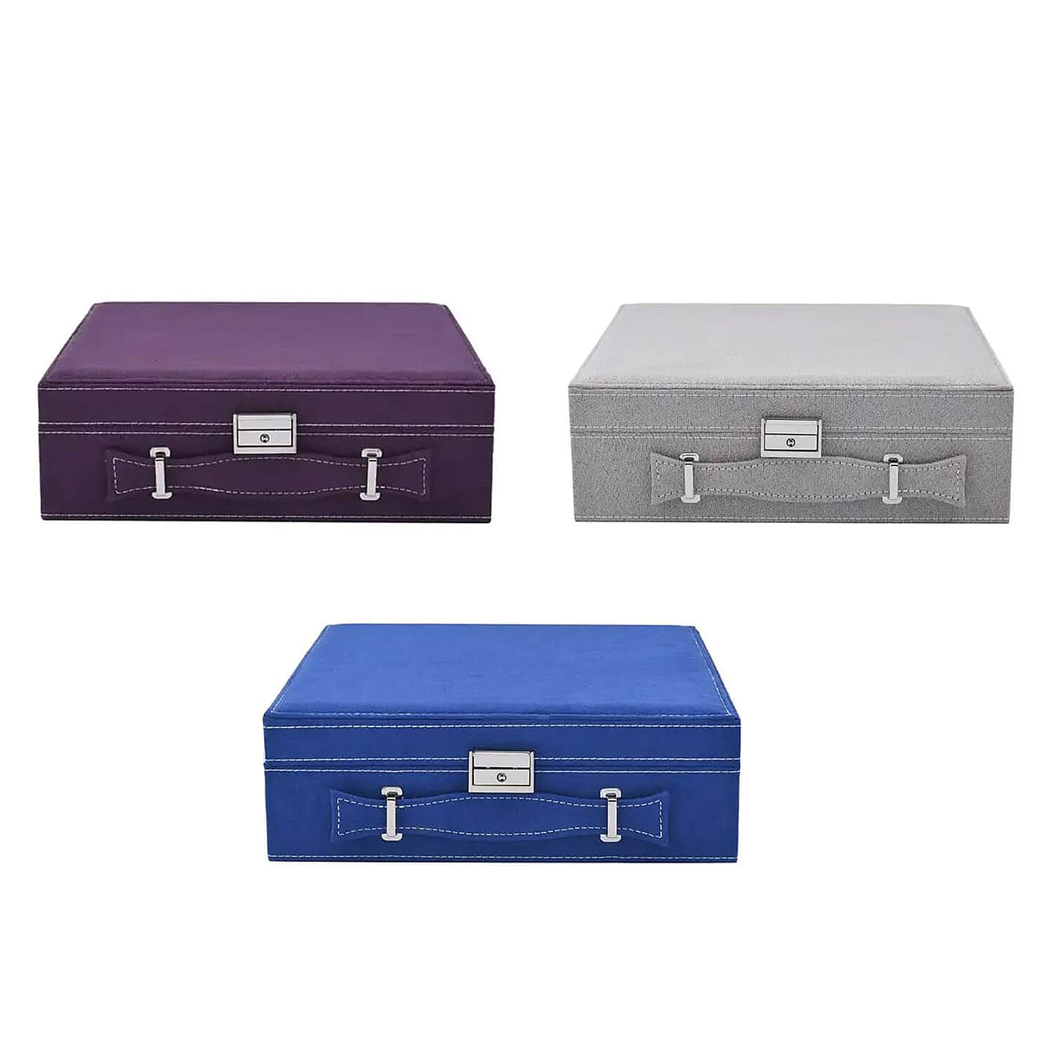 Set of 3 Purple, Gray and Royal Blue Faux Velvet Briefcase Style 2-Tier Jewelry Box with Anti-Tarnish and Scratch Protection Interior (Approx 60 Rings, etc)