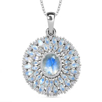 Premium Moon Glow Moonstone and Moissanite Moonlight Fountain Pendant Necklace 7.85 ctw in Rhodium Over Sterling Silver 20 Inches