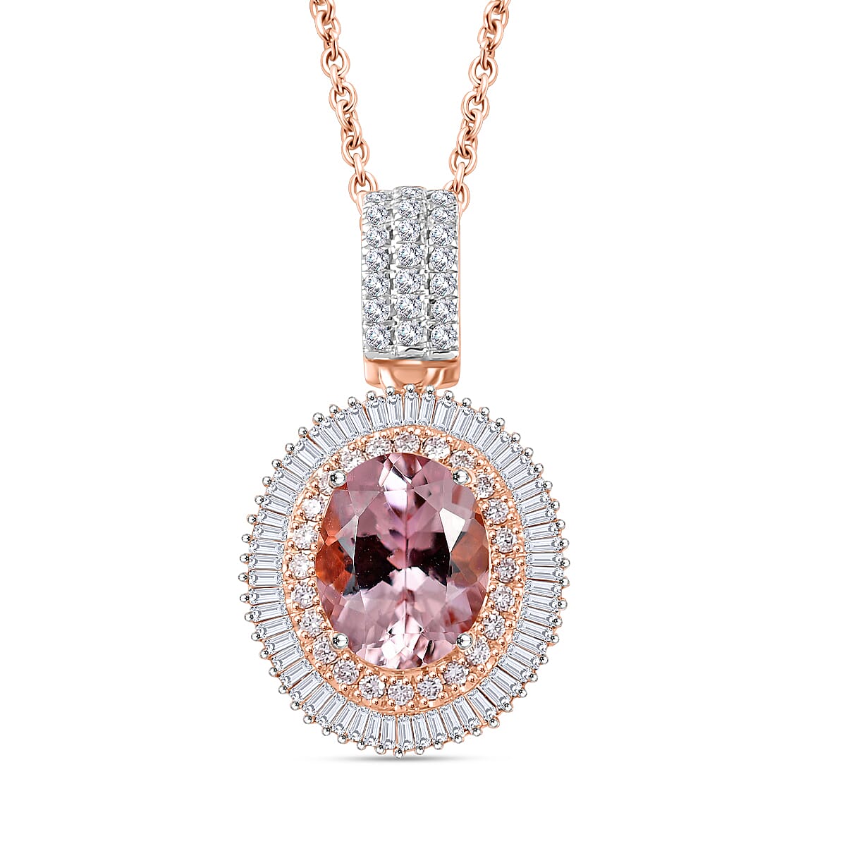 Certified and Appraised AAA Pink Morganite and G-H I1 Diamond 2.55 ctw Pendant Necklace in 18K Rose Gold 18 Inches