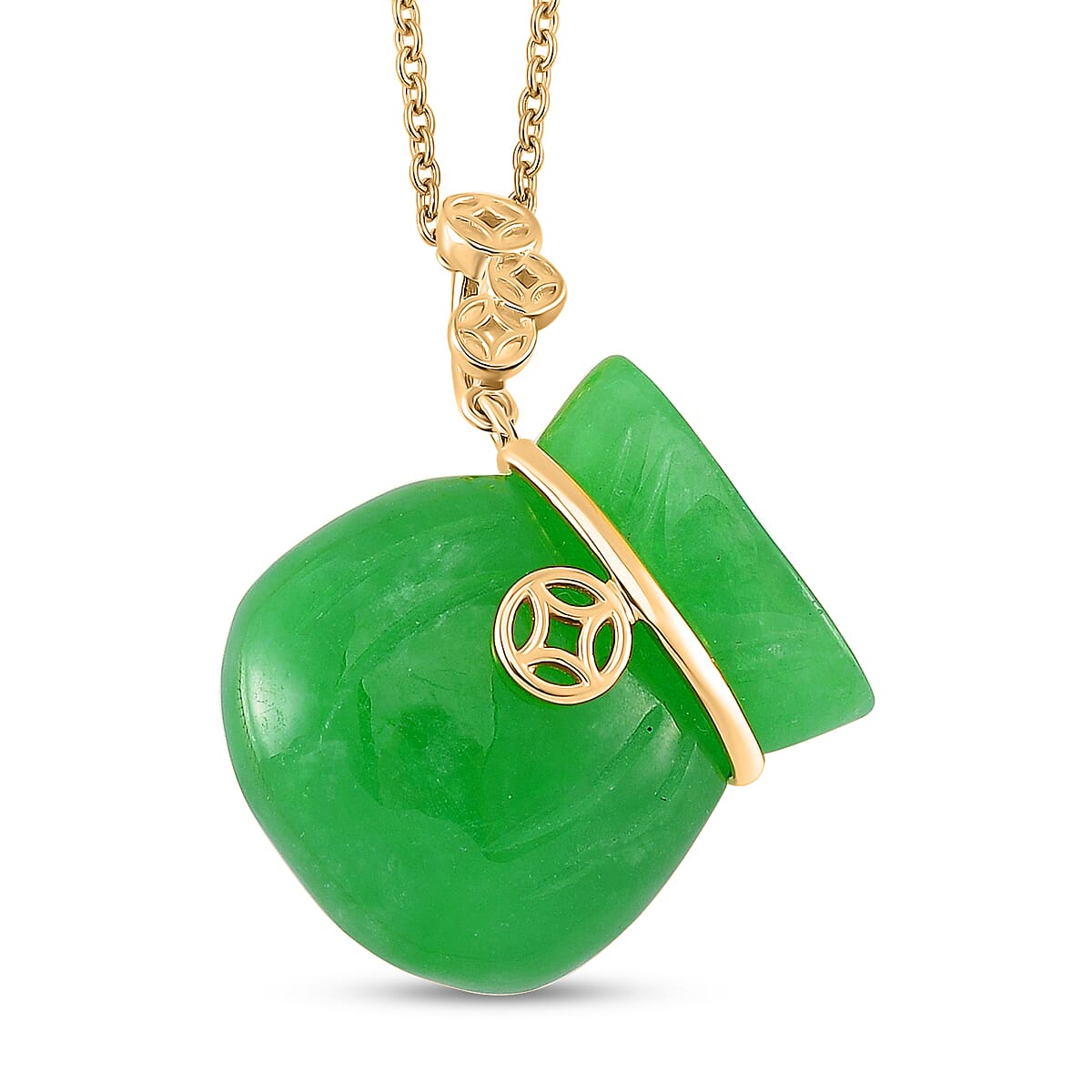 Green Jade Carved Tied Money Bag Pendant Necklace (20 Inches) in 18K Vermeil YG Over Sterling Silver 42.00 ctw