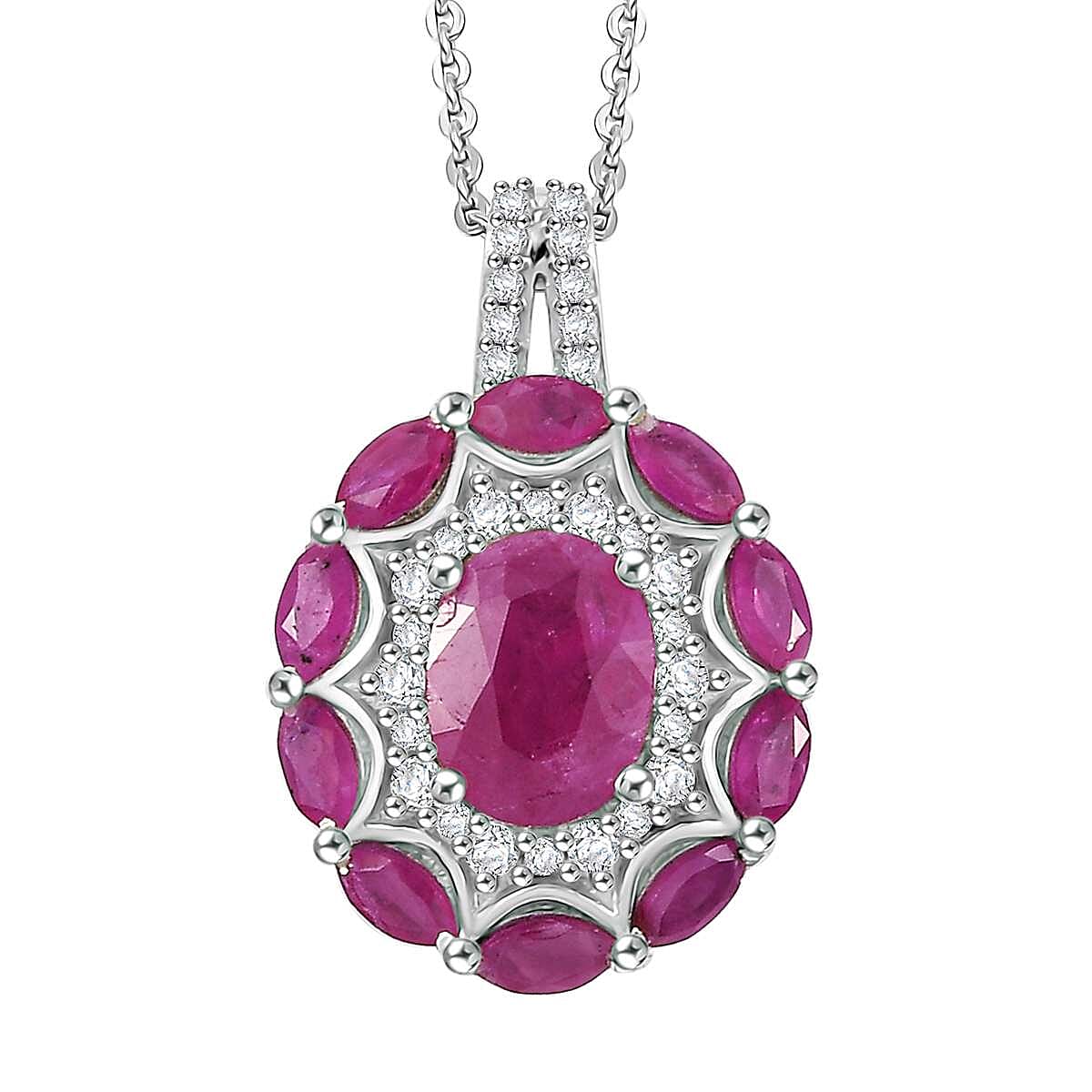 Royal Ruby and White Zircon 3.25 ctw Cocktail Pendant Necklace in Rhodium Over Sterling Silver 20 Inches